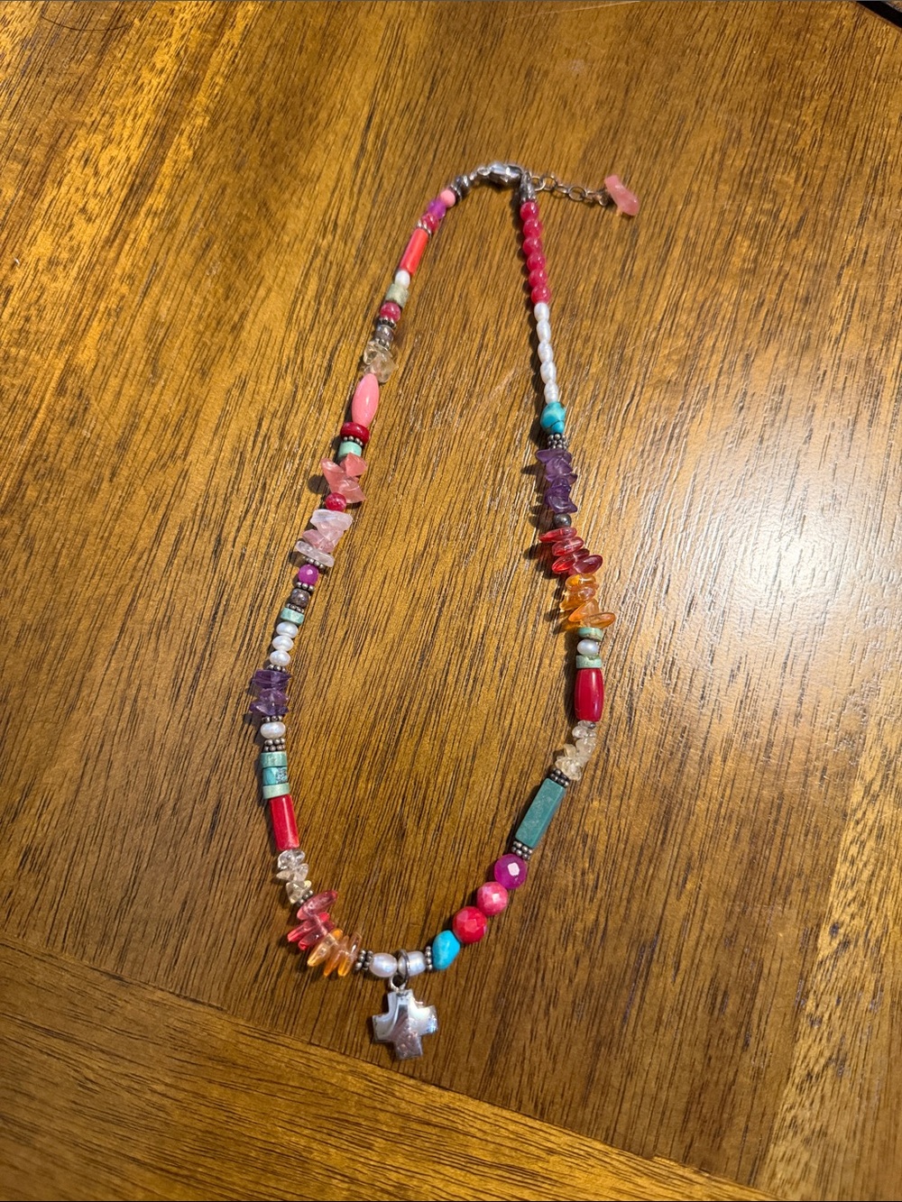 Colorful Mixed Bead Women's Necklace with Star Charm - Pink & Turquoise